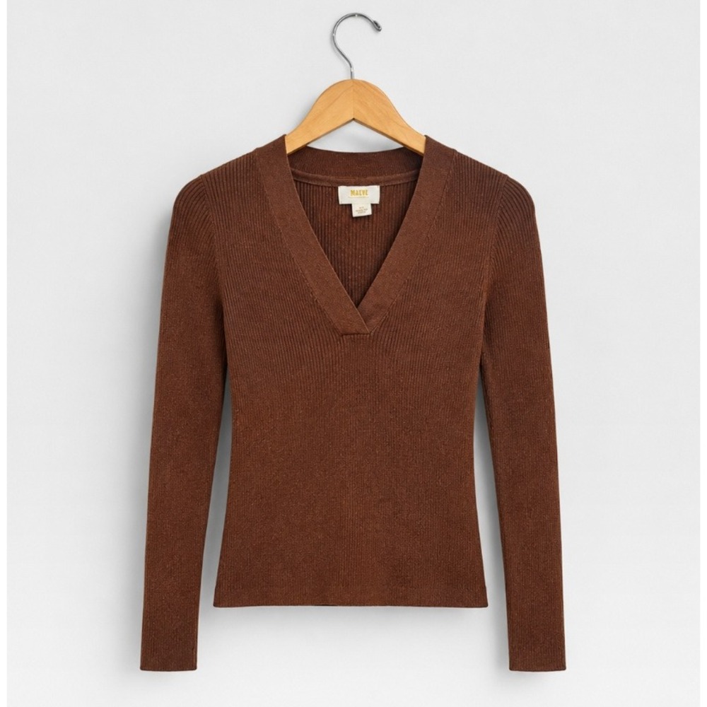 Maeve Anthropologie Brown Ribbed V Neck Sweater Top Women's XS Long Sleeve